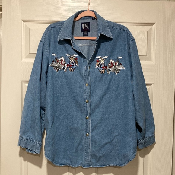 Denim Button Down Flying Dogs Puppies Pilot Embroidery Shirt Sz 18 XL - Picture 2 of 4